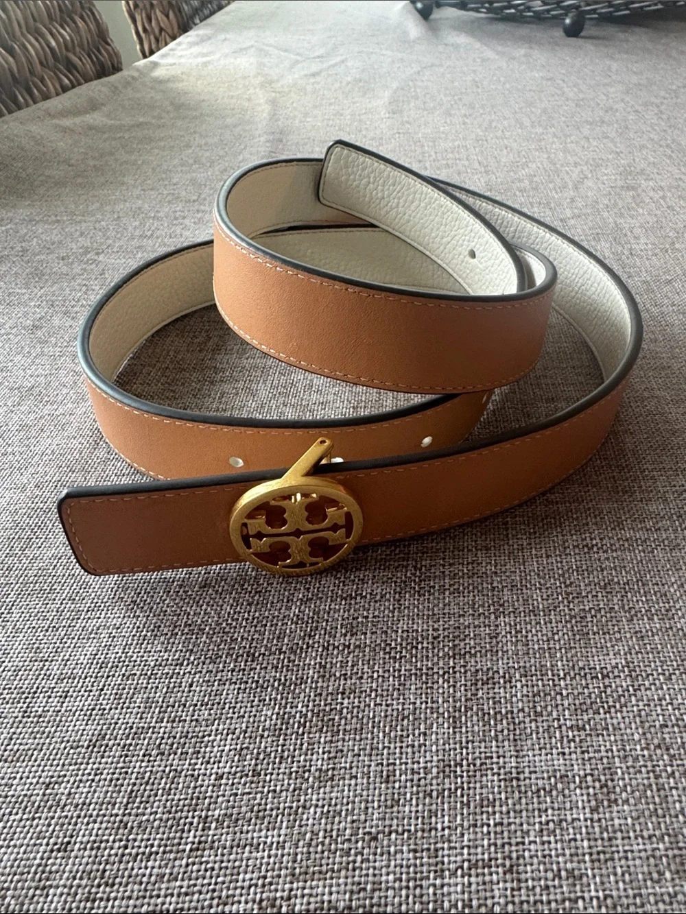Tory Burch Tan/Ivory Miller Leather Reversible Belt Sz L